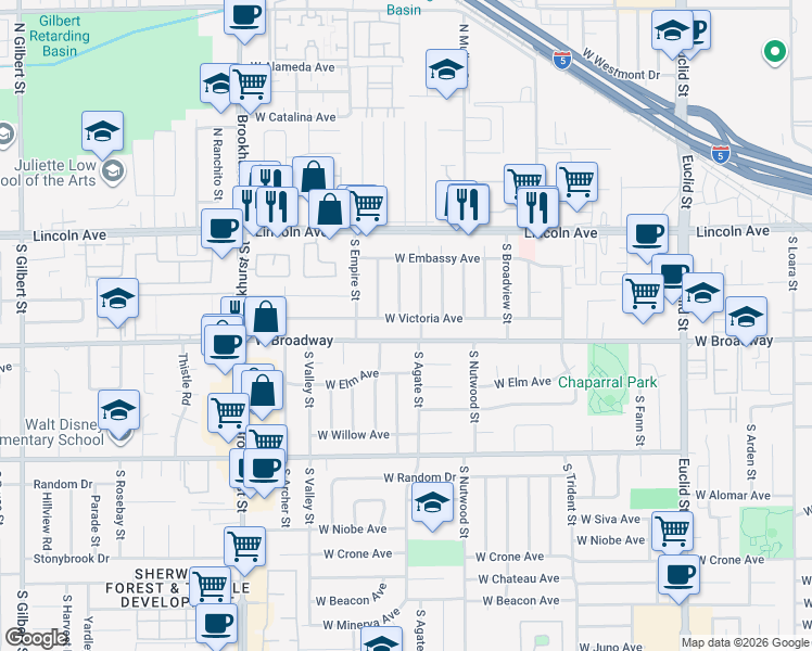 map of restaurants, bars, coffee shops, grocery stores, and more near 2010 West Victoria Avenue in Anaheim