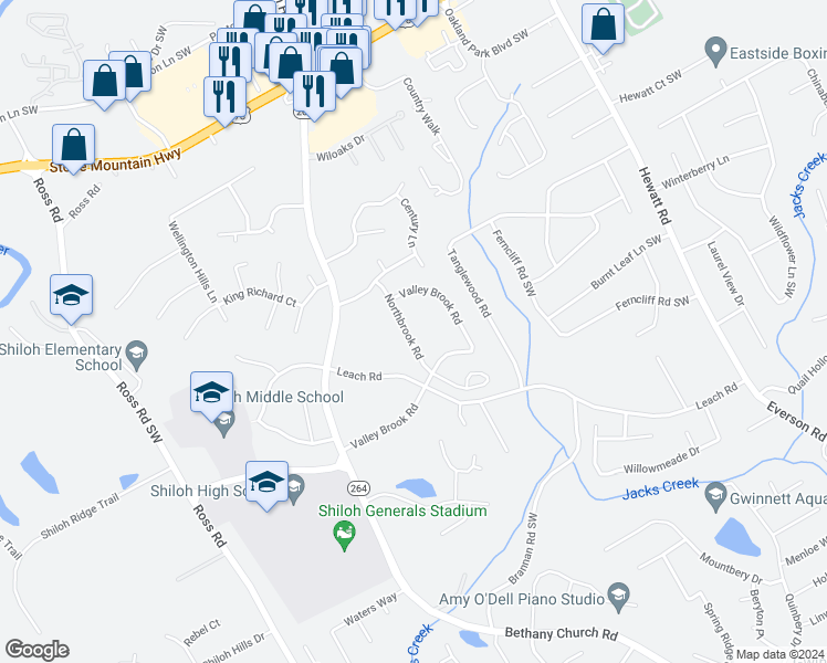 map of restaurants, bars, coffee shops, grocery stores, and more near 2464 Northbrook Road in Snellville