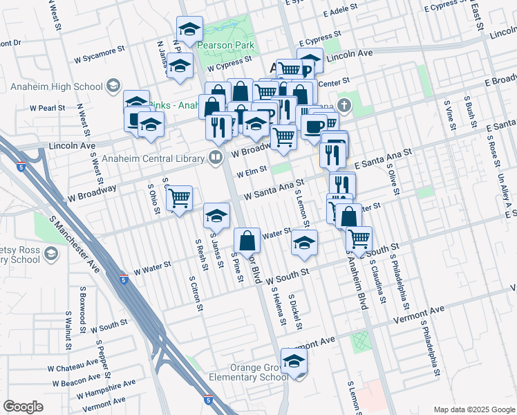 map of restaurants, bars, coffee shops, grocery stores, and more near 518 South Helena Street in Anaheim