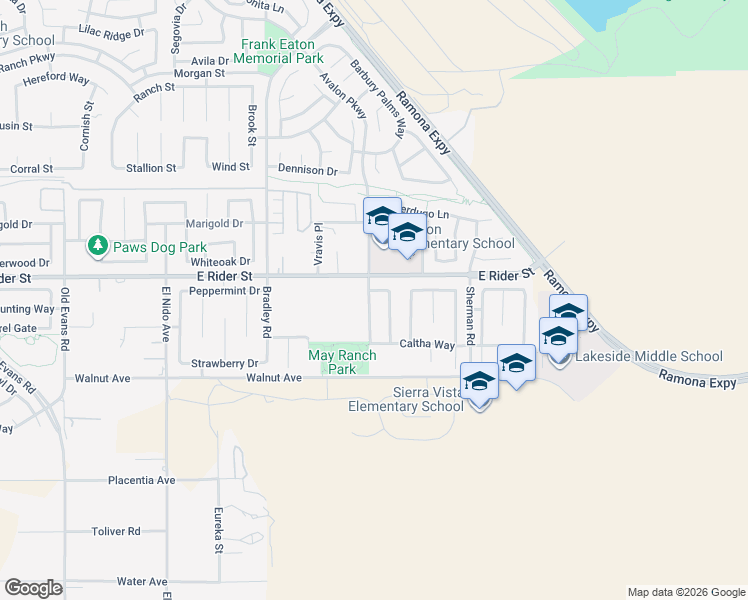 map of restaurants, bars, coffee shops, grocery stores, and more near 3079 Avalon Parkway in Perris