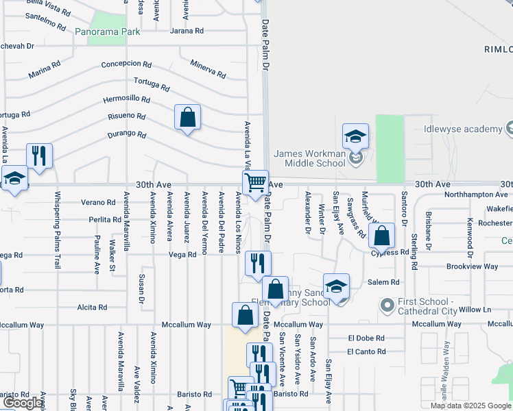 map of restaurants, bars, coffee shops, grocery stores, and more near 30025 Date Palm Drive in Cathedral City