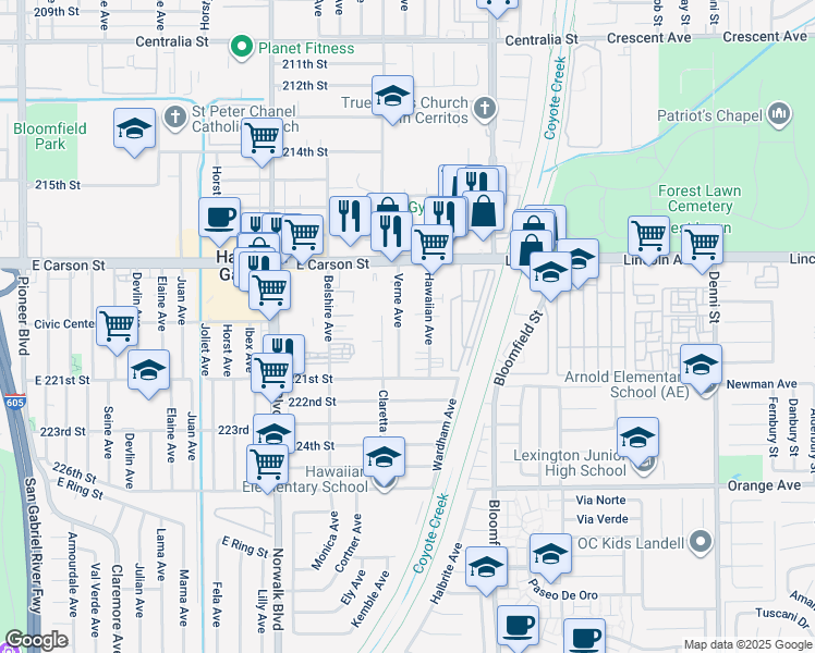 map of restaurants, bars, coffee shops, grocery stores, and more near 21902 Verne Avenue in Hawaiian Gardens