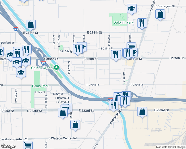 map of restaurants, bars, coffee shops, grocery stores, and more near 1440 East Abila Street in Carson