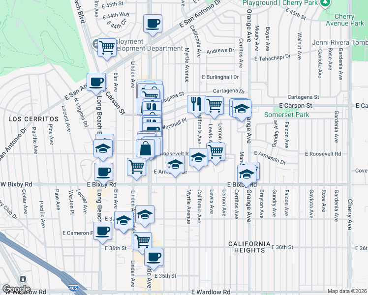 map of restaurants, bars, coffee shops, grocery stores, and more near 3915 Myrtle Avenue in Long Beach
