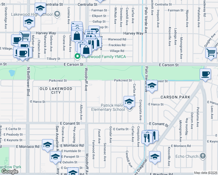 map of restaurants, bars, coffee shops, grocery stores, and more near 3923 Gondar Avenue in Long Beach