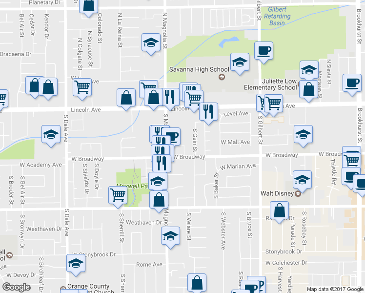 map of restaurants, bars, coffee shops, grocery stores, and more near 226 South Aron Place in Anaheim