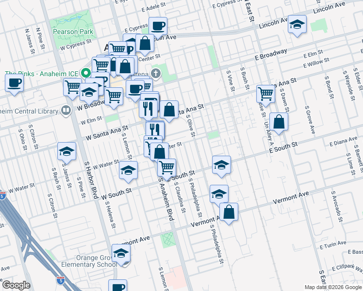 map of restaurants, bars, coffee shops, grocery stores, and more near 601 South Philadelphia Street in Anaheim
