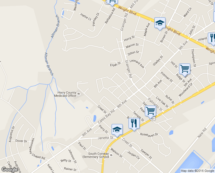 map of restaurants, bars, coffee shops, grocery stores, and more near 2717 Ladson Street in Conway