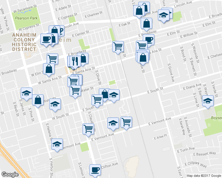 map of restaurants, bars, coffee shops, grocery stores, and more near 634 South Melrose Street in Anaheim