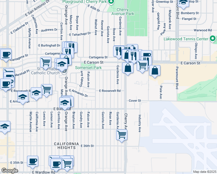 map of restaurants, bars, coffee shops, grocery stores, and more near 3911 Rose Avenue in Long Beach