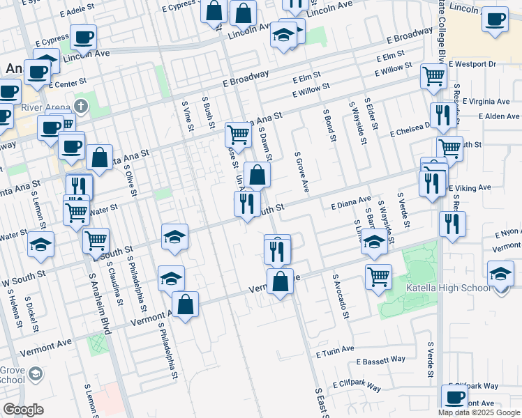 map of restaurants, bars, coffee shops, grocery stores, and more near 927 South East Street in Anaheim