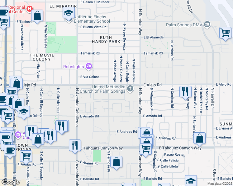 map of restaurants, bars, coffee shops, grocery stores, and more near 460 North Hermosa Drive in Palm Springs