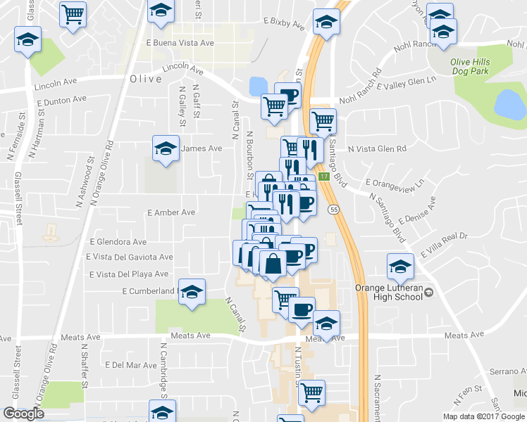 map of restaurants, bars, coffee shops, grocery stores, and more near 2445 North Cameo Court in Orange