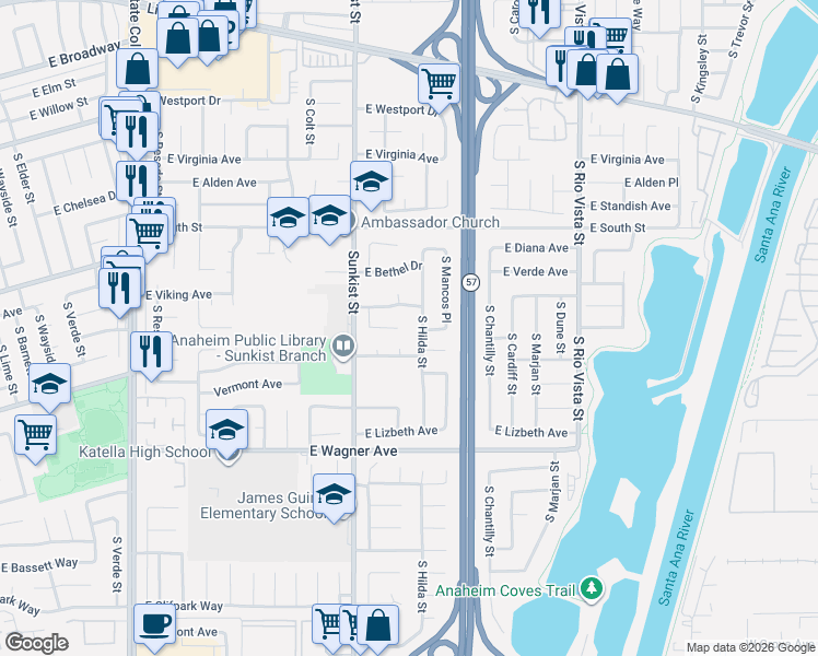 map of restaurants, bars, coffee shops, grocery stores, and more near 2533 East Hilda Place in Anaheim