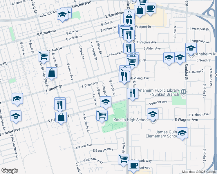 map of restaurants, bars, coffee shops, grocery stores, and more near 1615 East Verde Circle in Anaheim