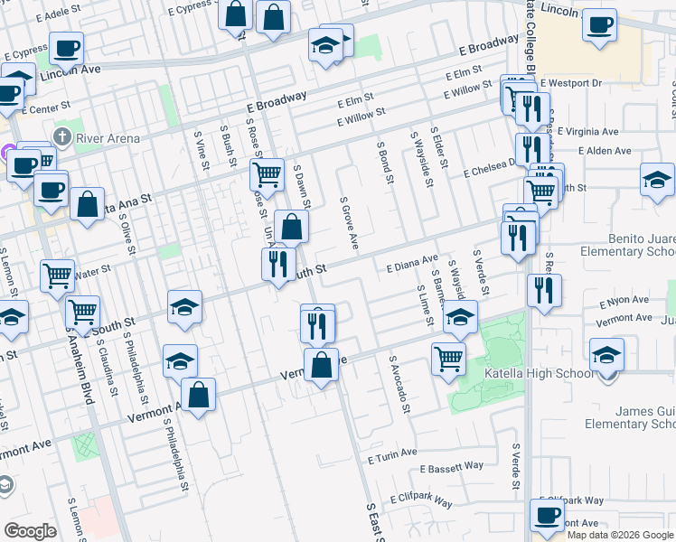 map of restaurants, bars, coffee shops, grocery stores, and more near 1228 East South Street in Anaheim