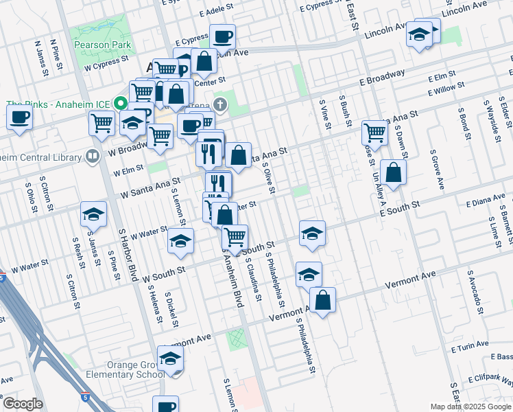 map of restaurants, bars, coffee shops, grocery stores, and more near 601 South Philadelphia Street in Anaheim