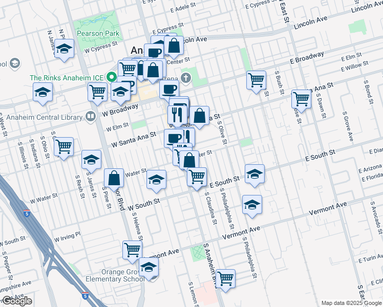 map of restaurants, bars, coffee shops, grocery stores, and more near 201 East Water Street in Anaheim