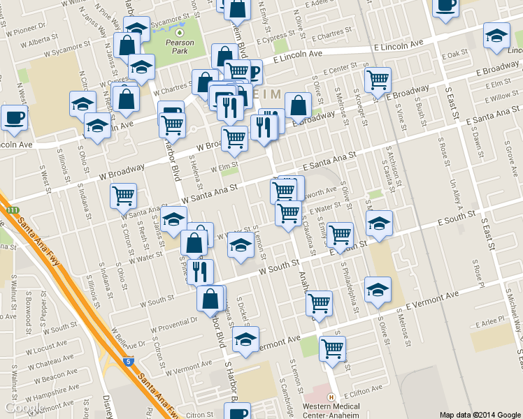 map of restaurants, bars, coffee shops, grocery stores, and more near 537 South Zeyn Street in Anaheim