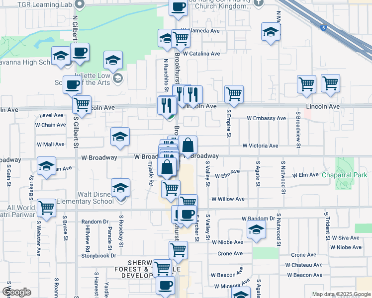map of restaurants, bars, coffee shops, grocery stores, and more near 2182 West Victoria Avenue in Anaheim