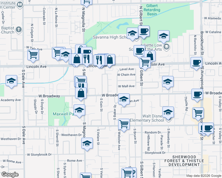 map of restaurants, bars, coffee shops, grocery stores, and more near 2508 West Mall Place in Anaheim