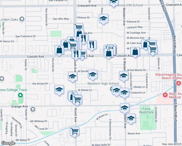 map of restaurants, bars, coffee shops, grocery stores, and more near 3400 West Del Monte Drive in Anaheim