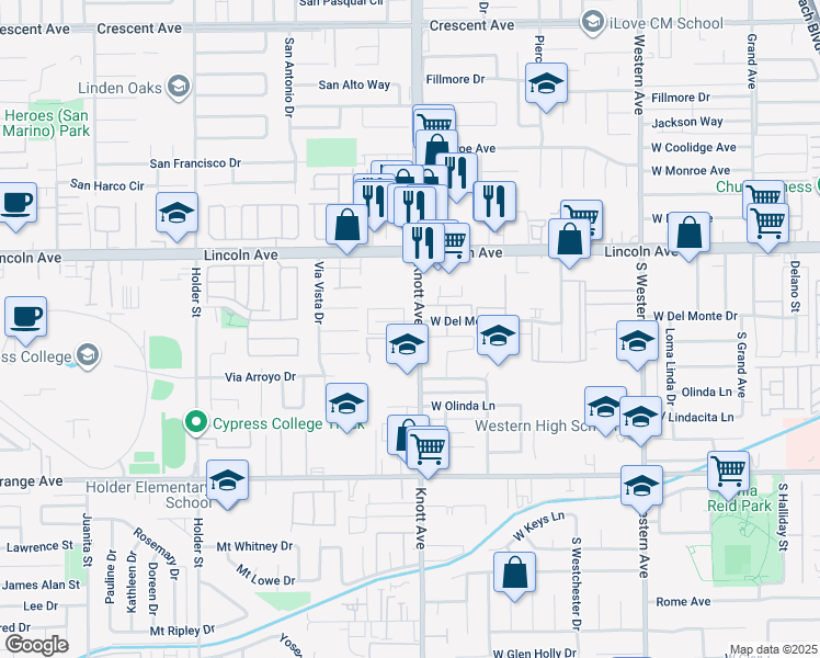 map of restaurants, bars, coffee shops, grocery stores, and more near 201 South Knott Avenue in Anaheim