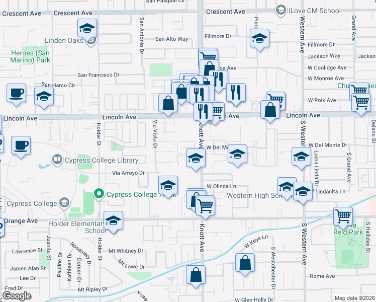 map of restaurants, bars, coffee shops, grocery stores, and more near 3524 West Del Monte Drive in Anaheim