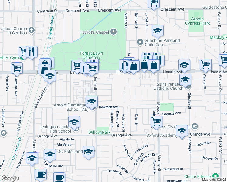 map of restaurants, bars, coffee shops, grocery stores, and more near 4656 Lincoln Avenue in Cypress