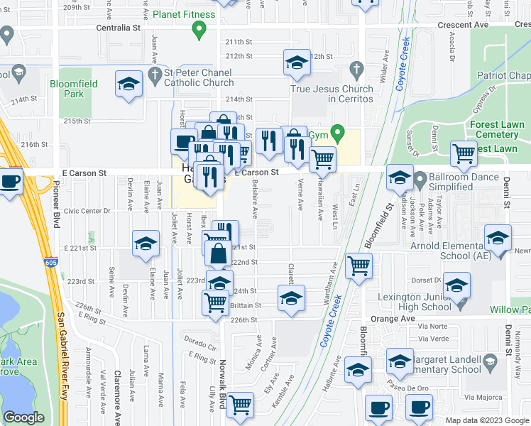 map of restaurants, bars, coffee shops, grocery stores, and more near 21828 Belshire Avenue in Hawaiian Gardens