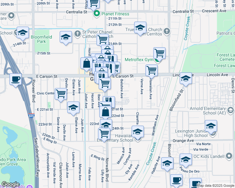 map of restaurants, bars, coffee shops, grocery stores, and more near 21900 Norwalk Boulevard in Hawaiian Gardens