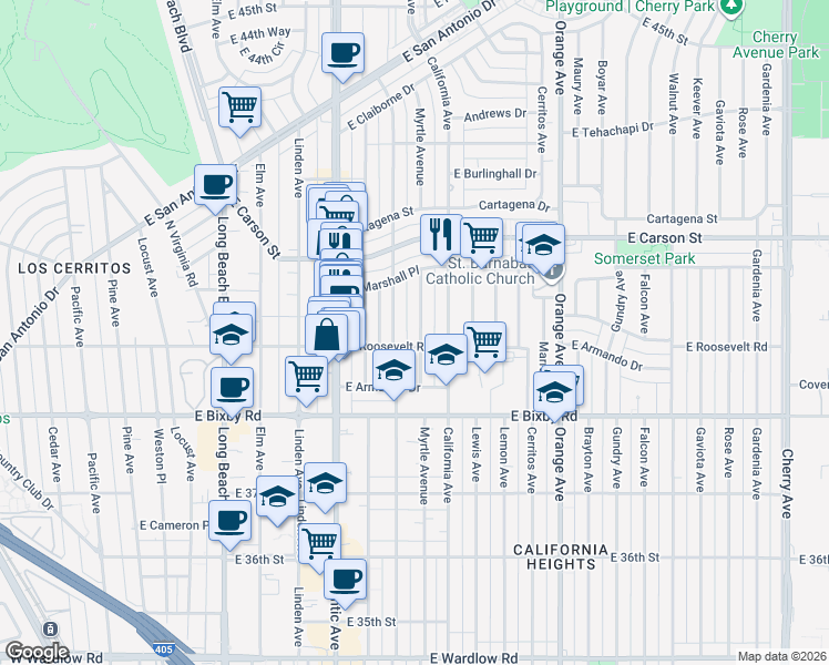 map of restaurants, bars, coffee shops, grocery stores, and more near 3915 Myrtle Avenue in Long Beach