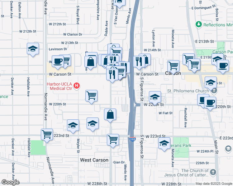 map of restaurants, bars, coffee shops, grocery stores, and more near 21858 Vermont Avenue in Torrance