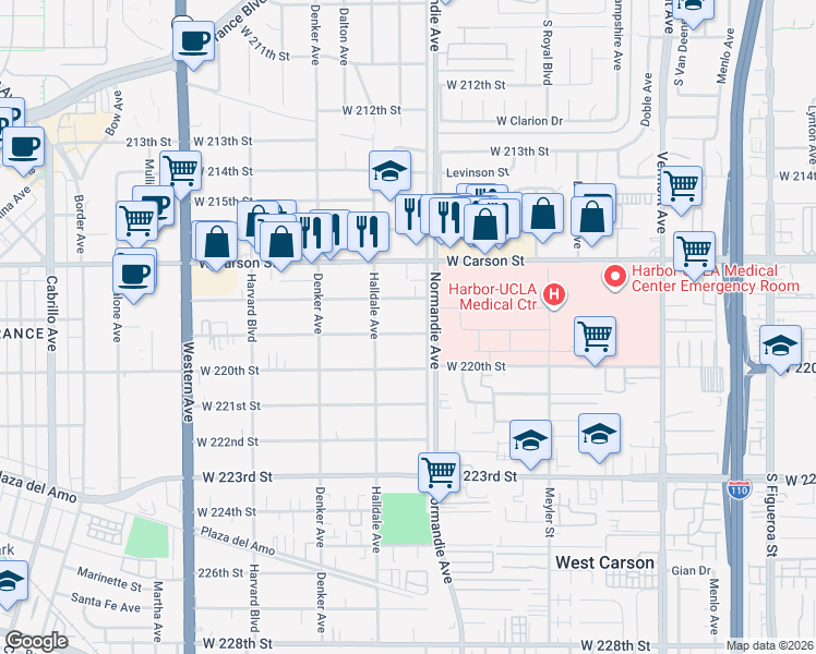 map of restaurants, bars, coffee shops, grocery stores, and more near 1323 West 219th Street in Torrance