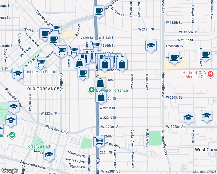 map of restaurants, bars, coffee shops, grocery stores, and more near 1645 West 219th Street in Torrance