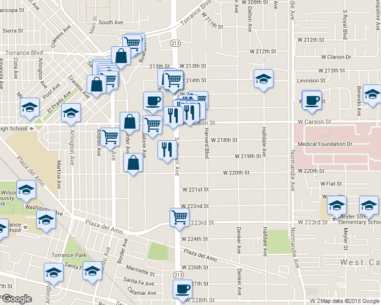 map of restaurants, bars, coffee shops, grocery stores, and more near 1645 West 219th Street in Torrance