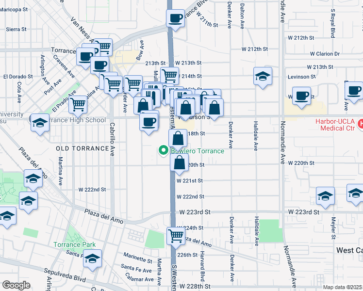 map of restaurants, bars, coffee shops, grocery stores, and more near 1645 West 219th Street in Torrance