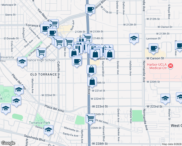 map of restaurants, bars, coffee shops, grocery stores, and more near 1645 West 219th Street in Torrance
