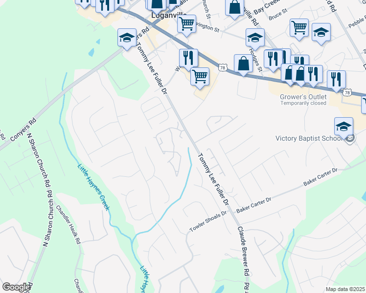map of restaurants, bars, coffee shops, grocery stores, and more near 3640 Alexander Crossing in Loganville