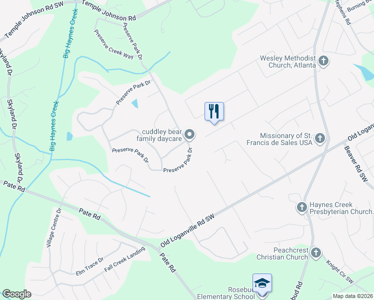 map of restaurants, bars, coffee shops, grocery stores, and more near 1232 Preserve Park Drive in Loganville