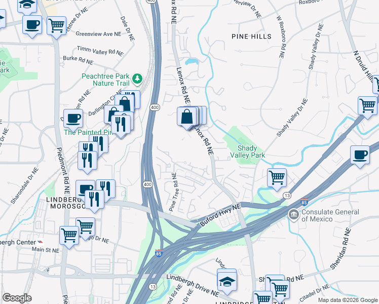 map of restaurants, bars, coffee shops, grocery stores, and more near 2716 Lenox Road Northeast in Atlanta