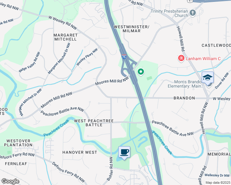 map of restaurants, bars, coffee shops, grocery stores, and more near 1225 West Wesley Road Northwest in Atlanta