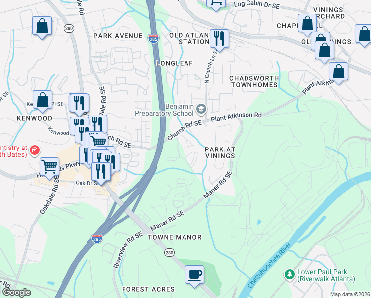 map of restaurants, bars, coffee shops, grocery stores, and more near 2390 Church Road Southeast in Smyrna