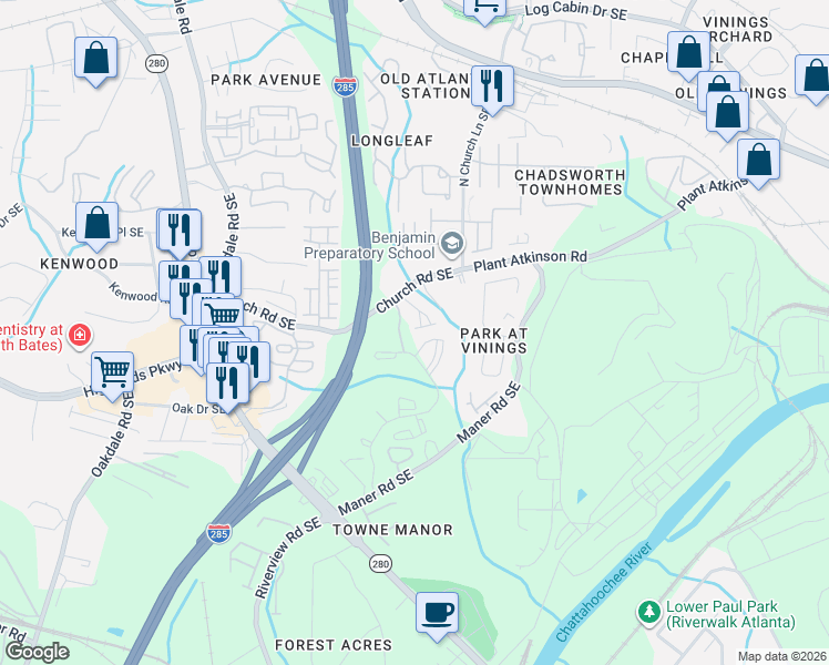 map of restaurants, bars, coffee shops, grocery stores, and more near 2390 Church Road Southeast in Smyrna