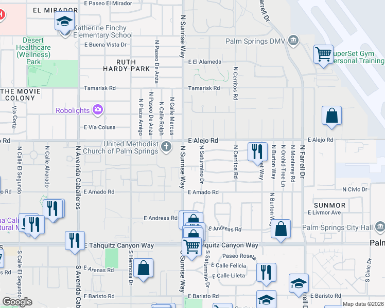 map of restaurants, bars, coffee shops, grocery stores, and more near 400 North Sunrise Way in Palm Springs