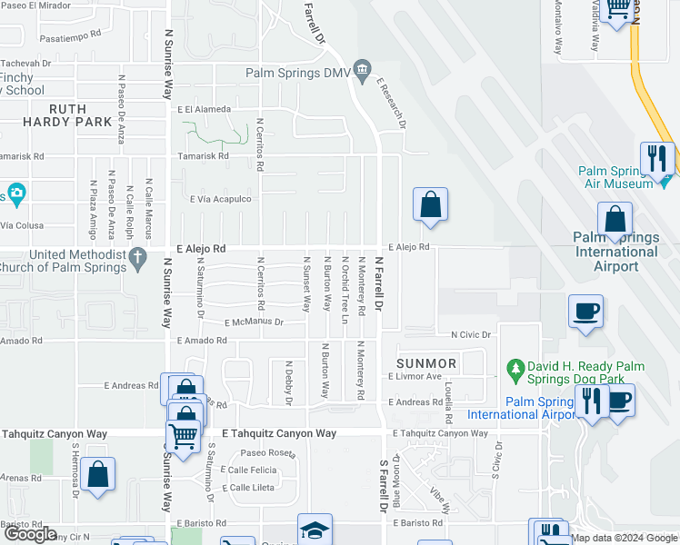 map of restaurants, bars, coffee shops, grocery stores, and more near 467 North Orchid Tree Lane in Palm Springs