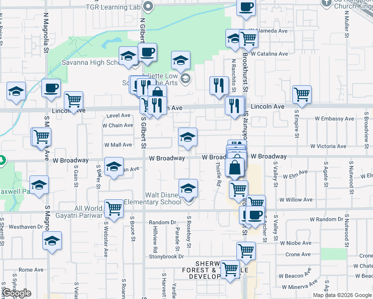 map of restaurants, bars, coffee shops, grocery stores, and more near in Anaheim