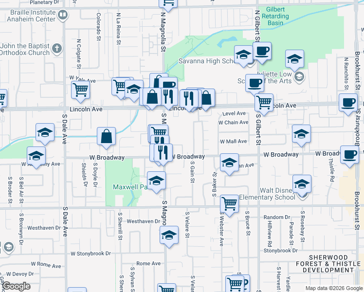 map of restaurants, bars, coffee shops, grocery stores, and more near 226 South Aron Place in Anaheim