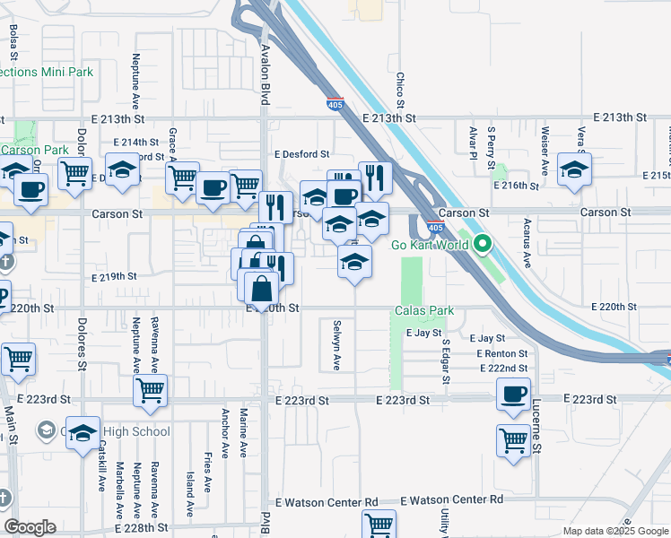map of restaurants, bars, coffee shops, grocery stores, and more near 814 East Calbas Street in Carson