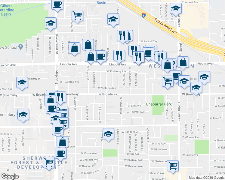 map of restaurants, bars, coffee shops, grocery stores, and more near 1930 West Victoria Avenue in Anaheim